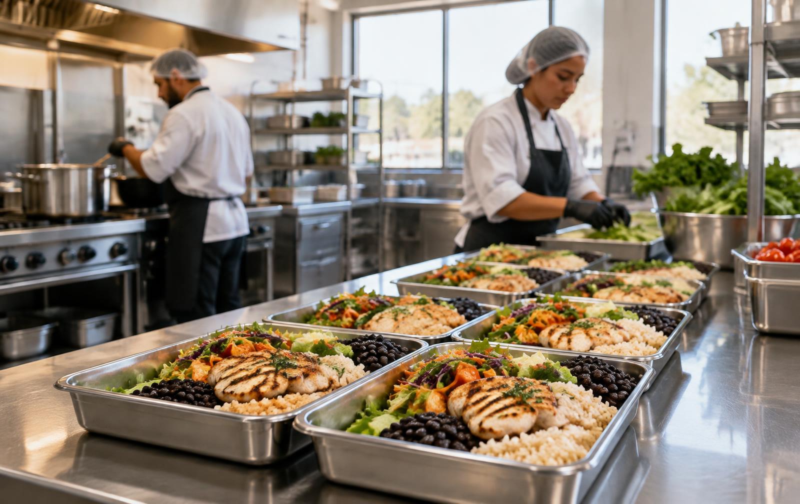 Cozinha industrial da Renutri com refeições prontas em cubas